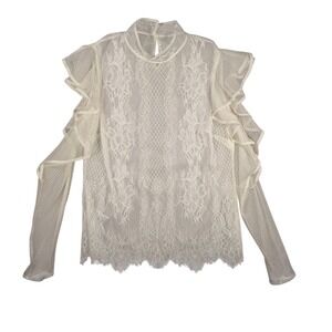 Sabian Lace Ruffle Blouse XS Women Ivory Sheer Cold Shoulder Top